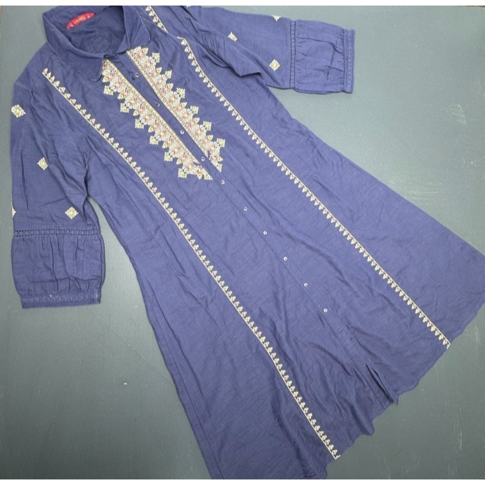 Lakshita Midi Dress Women's XL Blue Embroidered Geometric Boho Button Up Casual